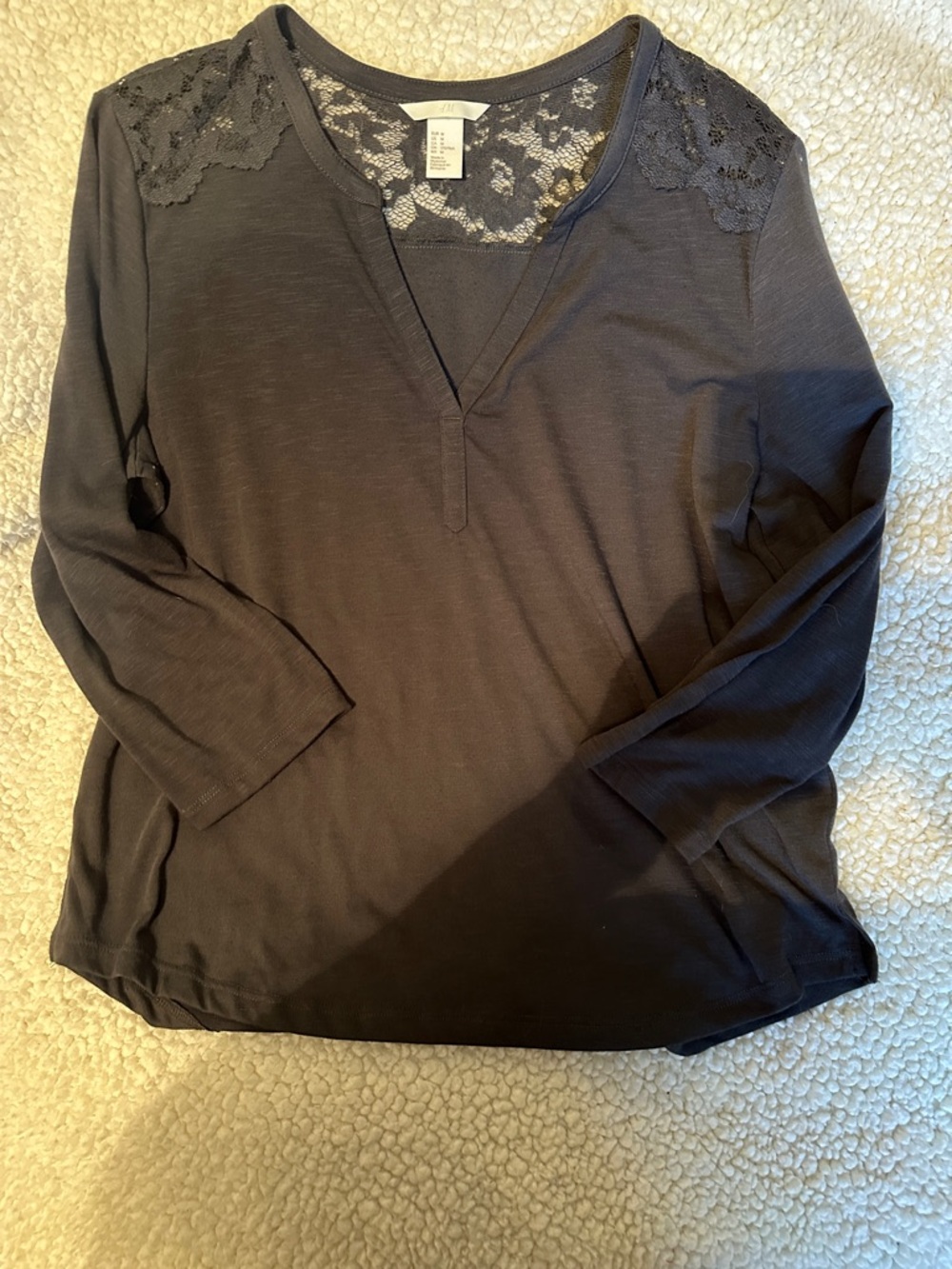 H&M Charcoal Lace-Yoke V-Neck Long Sleeve Top